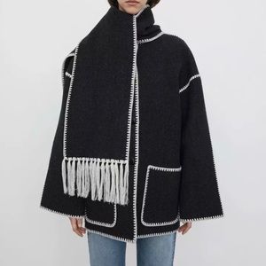 Winter Small Embroidered White Fringe Scarf Wool Jacket Toteme Brand